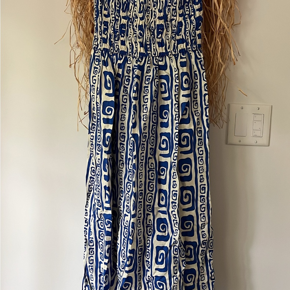 Faithfull the Brand Blue and White Strapless Dress